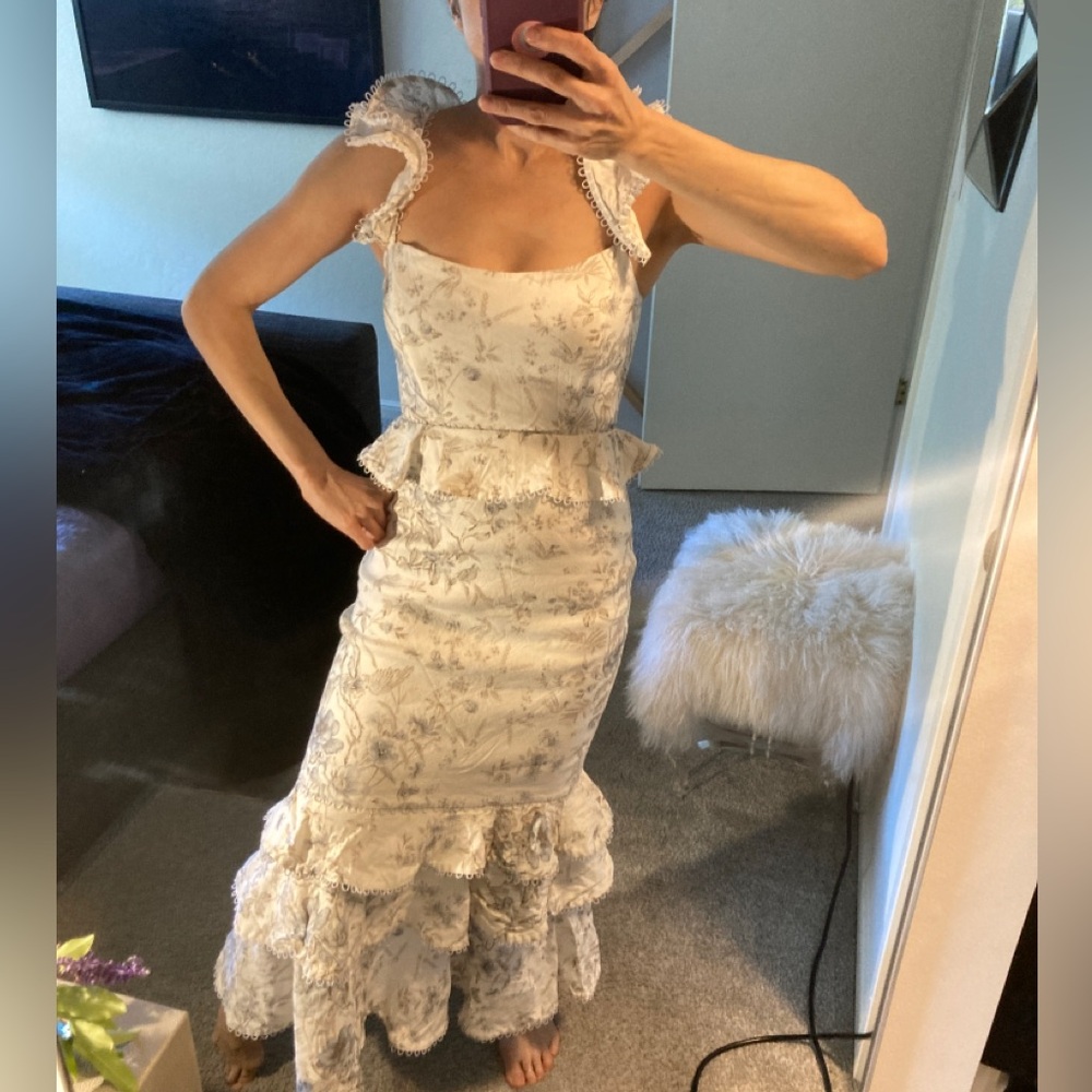 V. Chapman Linen Corseted Ruffle Peplum mermaid dress bird floral toile blue